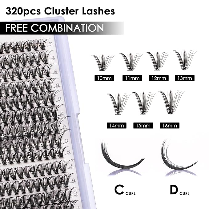Lash Clusters 320pcs Individual Lashes 30D&40D DIY Lash Extensions D Curl Lash Clusters False Eyelashes Natural Look 10-16mm Mix Cluster Eyelash Extensions EASY TO USE (30D+40D-0.07D)-BrightBean Baby