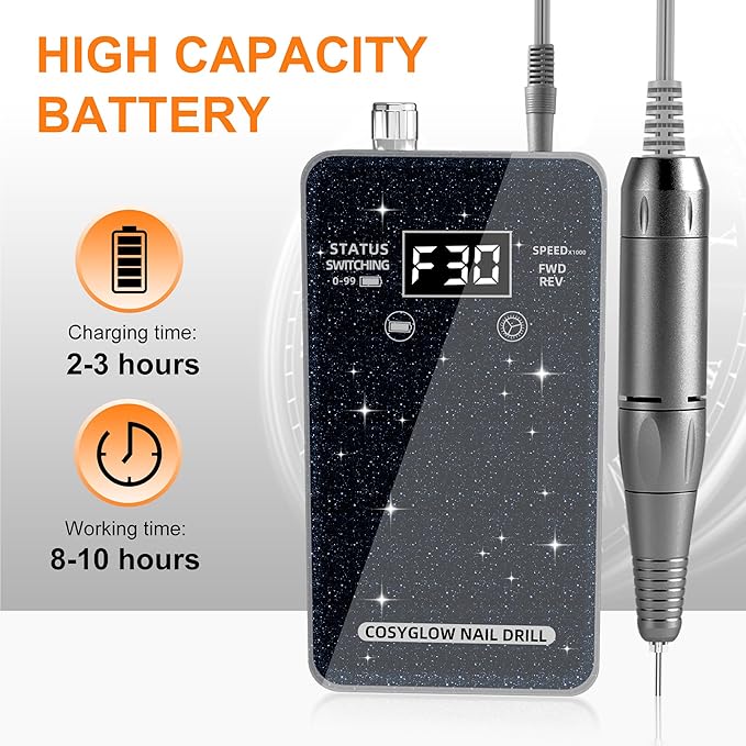 Professional Electric Nail Drill File:COSYGLOW Glitter Portable Cordless E-File Nail Drill Kit with 11 Drill Bits,30000 RPM Rechargeable Nail Drills Machine for Acrylic Nails Gel Polishing(Black)-BrightBean Baby