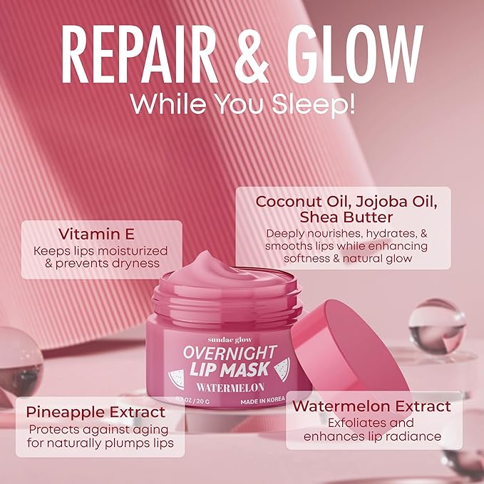 Watermelon Lip Mask - Dermatologist Tested, Anti-Aging, Korean Skin Care, Deep Hydration, Overnight Lip Repair - Vegan, Clean Beauty, 95% Natural, Cruelty-Free - 1 Pack-BrightBean Baby