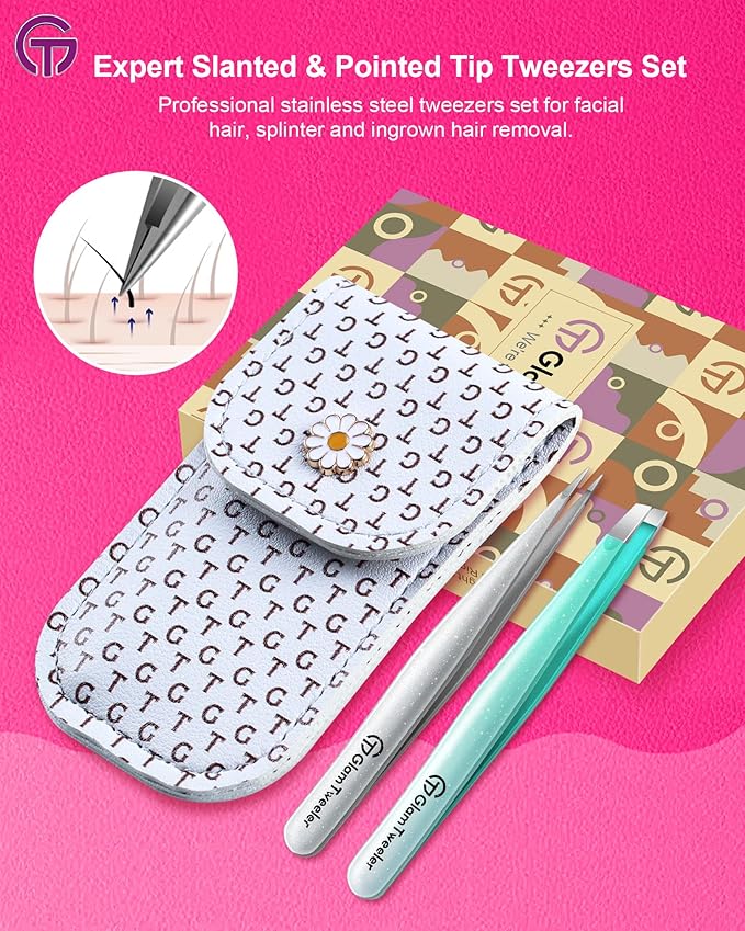 Expert Slant and Point Tip Tweezer Set with Exclusive Storage & Carrying Case, GlamTweeler Sharp & Precision Tweezer Set for Eyebrows, Facial Hairs & Fine Hairs Removal (Sparkle Mint Green + Silver)-BrightBean Baby