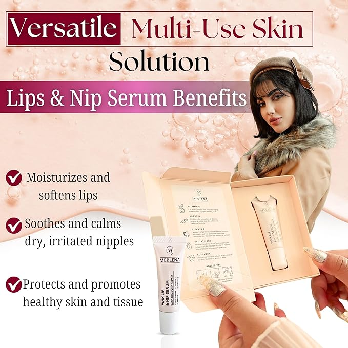 Merlena Pink Lip & Nip Serum - Hydrates and Repairs Dry, Peeling Lips and Nipples, Adds Collagen for Plumpness, Soothes Flaky Skin, Organic Vitamin C & E Formula 8ml-BrightBean Baby