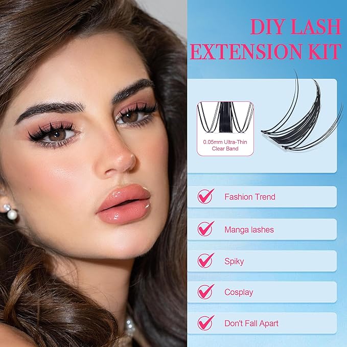 Lash Clusters - Lash Clusters Kit Mix Manga Lash Clusters 0.07D Lashes Clusters Anime Lashes Ultra-Thin Invisible Band 0.05mm DIY at Home No Lash Glue Included-BrightBean Baby