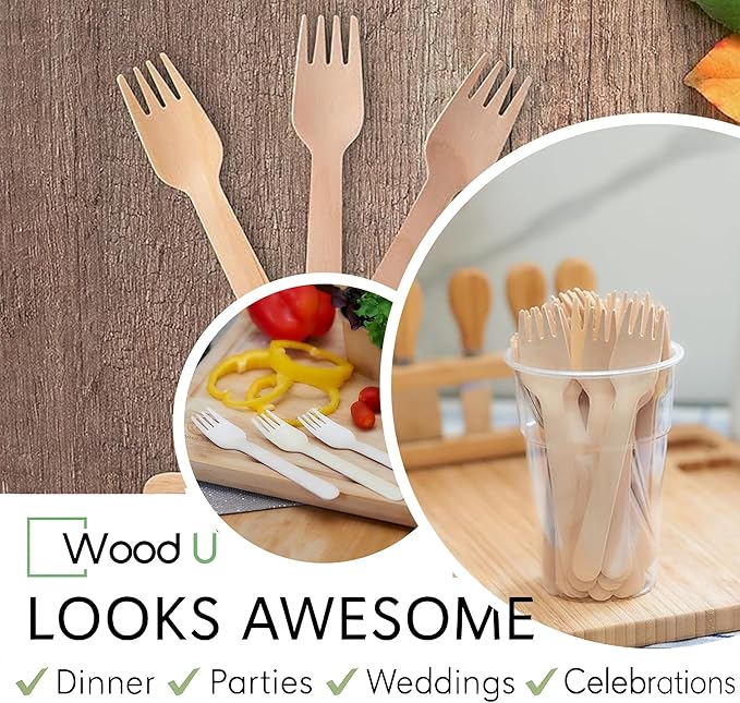 Disposable Wooden Forks by WoodU | 100% All-Natural, Eco-Friendly, Biodegradable, and Compostable - Pack of 200-6.5" forks cutlery utensils