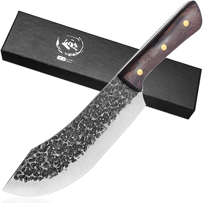 ROCOCO Butcher Knife for Meat Cutting Hand Forged 7" Sharp Full Tang Kitchen Meat Cleaver Cooking Knives for Home Outdoor Camping BBQ Christmas Father's Day Gift Idea Men