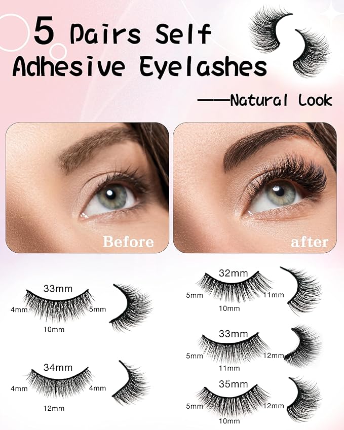 Self Adhesive Eyelashes Natural Look False Eyelashes Reusable Self Stick Lashes, No Glue Needed, 5 Pairs Mixed-BrightBean Baby
