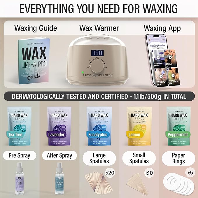 Tress Wellness Waxing Kit for Sensitive Skin – Safe for Face & Skin, Prep & Aftercare Spray, Easy to Use – At-Home Kit for Face, Bikini, Brazilian & Full Body - Digital Display, Beige-BrightBean Baby