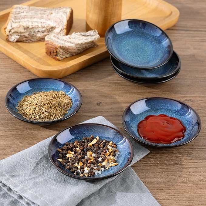 LERATIO Ceramic Soy Sauce Dishes of 6, Reactive Glaze Dipping Sauce Cups/Bowls/Dishes for Kitchen, 3oz Ceramic Small Bowls for Side Dishes, Snacks,and Sushi,Condiment,Dishwasher Safe -Blue