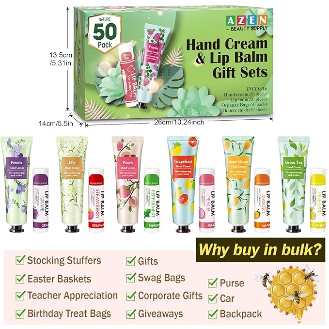 AZEN 50 Sets Hand Cream Bulk and Lip Balm Bulk Set, Bridal Shower Gifts for Guests, Thank You Gifts for Coworkers Women Men with Organza Bag Thank You Card, Bridal Wedding Favors for Guests-BrightBean Baby