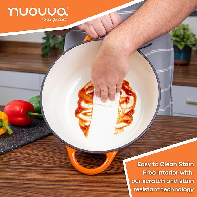 Cast Iron Dutch Oven with Lid – Non-Stick Ovenproof Enamelled Casserole Pot – Sturdy Dutch Oven Cookware – Orange, 7.3-Quart, 30cm – by Nuovva