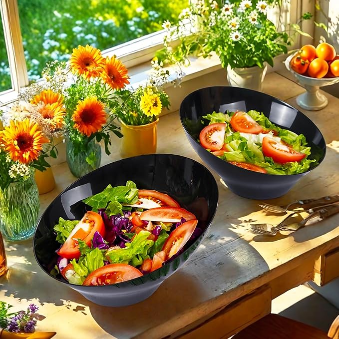 bUCLA 12 Pack Black Plastic Serving Bowls - 20 OZ Angled Bowls Disposable for Chip,Candy,Salad and Fruit - Ideal for Wedding, Party & New Year