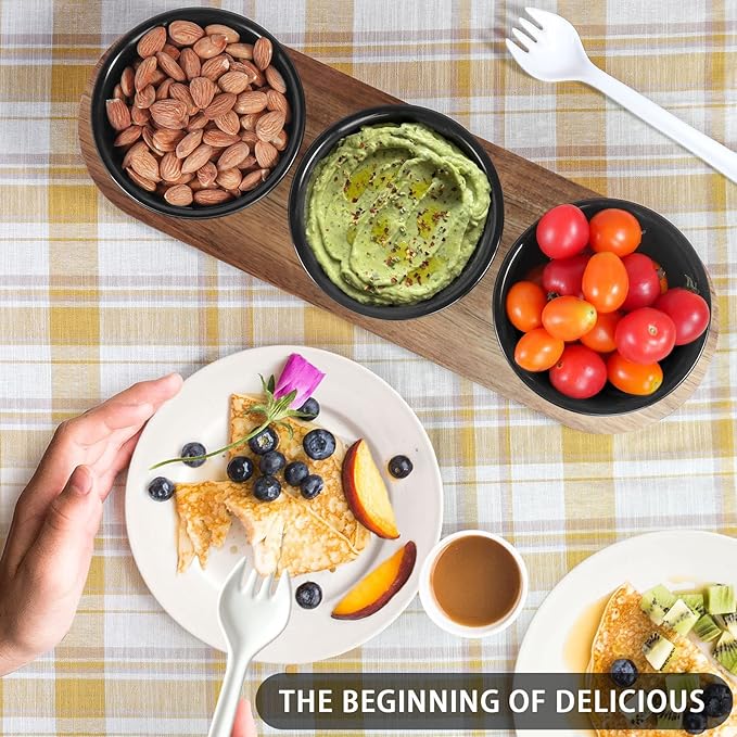 Artena 12 oz Solid Ceramic Chip and Dip Serving Set with Acacia Wooden Tray, 5-inch Black Dipping Bowls, Small Serving Bowls for Side Dishes, Salsa, Appetizer, Serving Dishes for Entertaining