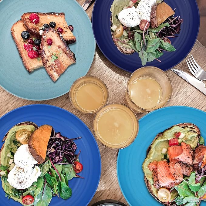 Wrova Wheat Straw Salad Plates - 9 Inch Unbreakable Dinner Set of 8 Dishwasher & Microwave Safe Plastic Reusable Lightweight for kitchen,camping (Ocean),Ocean Series:Gradient Blue