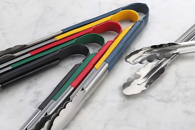 New Star Foodservice 35797 16-Inch Utility Spring Tongs, Stainless Steel, Vinyl Coated, Set of 12, Black