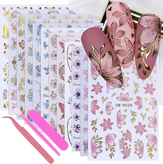 3D Flower Nail Art Stickers Decals Luxury Flower Petal Stickers with Tweezers 12 PCS Self Adhesive Pink Purple Blue Floral Gold Edge Decals Cherry Blossom Lily Summer DIY Manicure Nail Art Decoration-BrightBean Baby