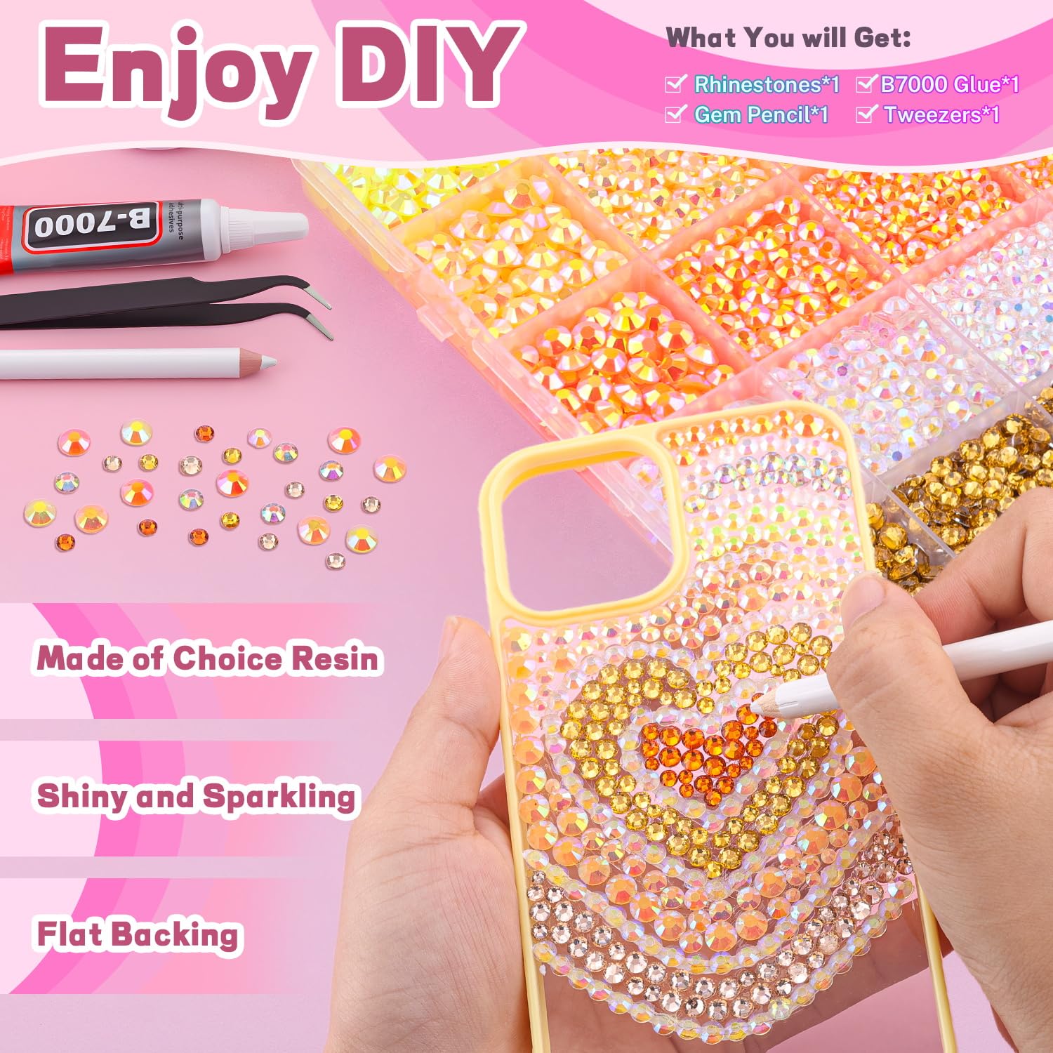 20000Pcs Yellow Rhinestones for Bedazzling with 1Pcs B7000 Jewelry Glue, Resin Rhinestones for Crafting Crafts DIY, Bedazzler Kit Gems for Clothing Shoes Tumblers Nail Art Assorted Size 3/4/5/6mm-BrightBean Baby