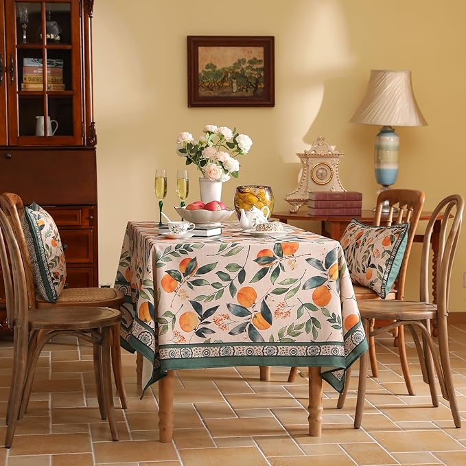 patdrea Designer Vintage Linen Rectangle Extra Long Table Cloth,Framhouse Oranges and Leaves Pattern French Tablecloth,Decor Cover for Kitchen Dining Christmas,Thanksgiving,63"x110"-Palladin a