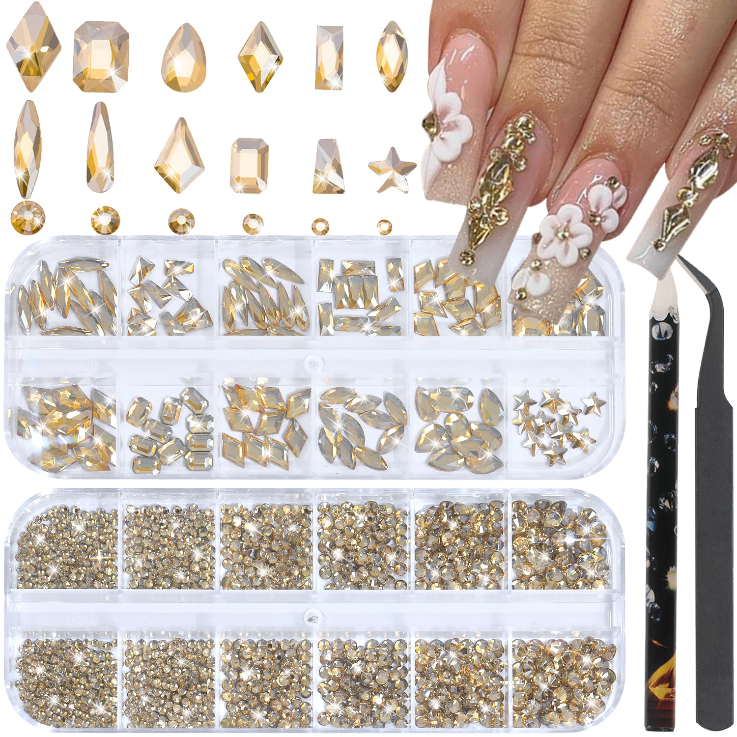 HNUIX Nail Rhinestones - 3D Multi Shape Size Crystal, Champagne Gold Nail Gems, Flat Back, with Kit, for Nail Art, DIY Decorations-BrightBean Baby