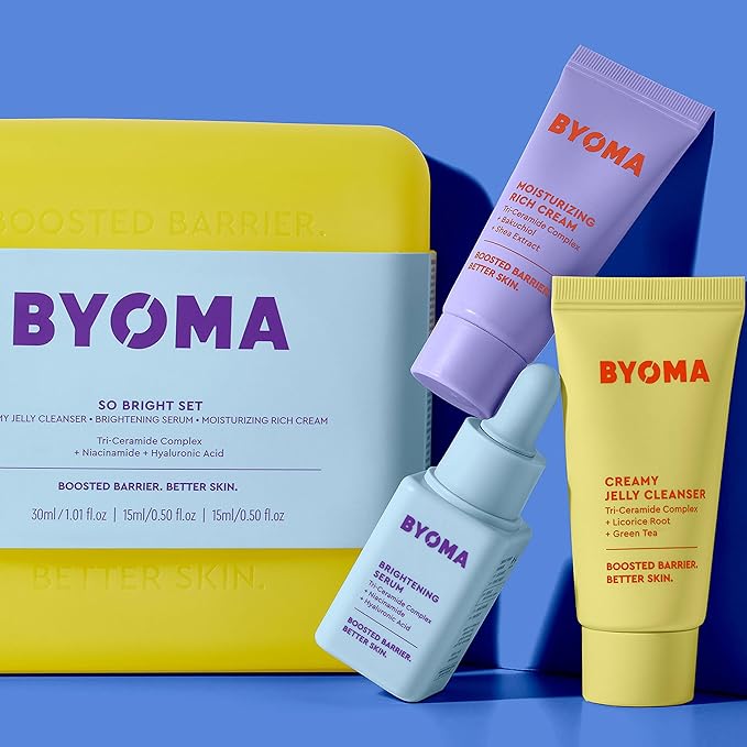 BYOMA So Bright Set - Barrier Repair Skincare Set for Brighter Skin - Creamy Jelly Cleanser, Brightening Face Serum & Ceramide Face Moisturizer - Alcohol Free Skin Care - 30ml, 15ml, 15ml-BrightBean Baby