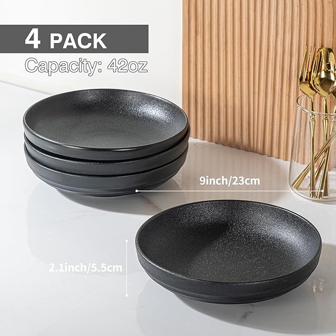 HAPPY KIT 9'' Large Pasta Bowls Stoneware Reactive Glaze, 42 Oz Large Salad Bowls Set of 4, Serving Bowls, Microwave Dishwasher Safe, Matte Black