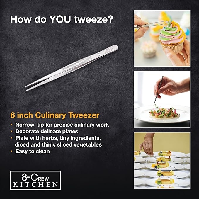 8-CREW KITCHEN Professional Chef Tongs 2 pc Set - 12” 304 Stainless Steel Tweezer for Cooking and Multi-Use - 6” Culinary Tweezer for Plating, Bar and Food Decorating