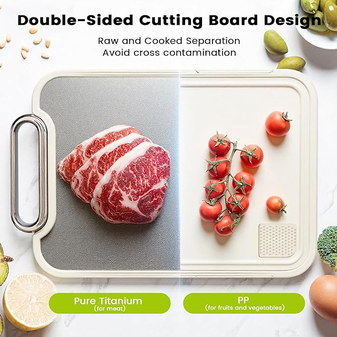 Titanium Cutting Board for Kitchen, Cutting Boards Non Toxic Double Sided Metal Pure Titanium and Wheat Straw PP Chopping Board Food Grade Easy to Clean Large Size 16"*10"*0.9"(White)