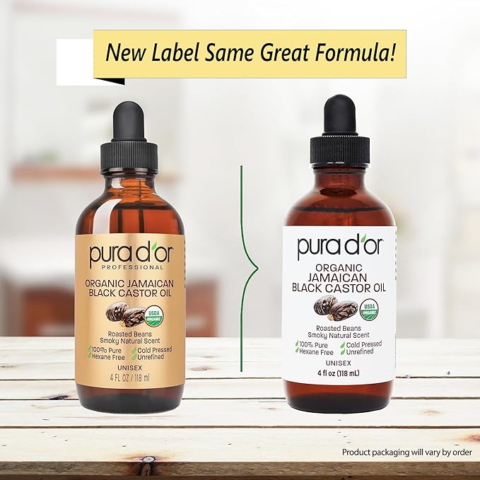 PURA D'OR 4 Oz ORGANIC Jamaican Black Castor Oil - Natural Smoky Scent - w/ 2 BONUS Empty Brushes - 100% Pure USDA Certified Cold Pressed & Roasted, Hexane Free Eyelash & Eyebrow Serum-BrightBean Baby