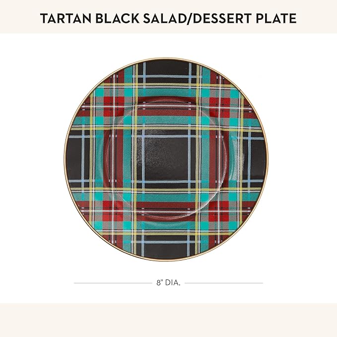 MACKENZIE-CHILDS Enamel Salad and Dessert Plate, Small Plate for a Dessert or Appetizer Dish, 8 Inches, Black Tartan