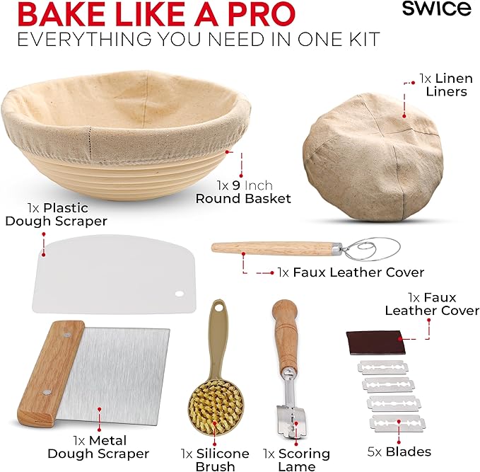 Swice Bread Proofing Basket, Round 9-Inch Banneton Sourdough Starter Kit with Lame, Dough Scraper, Linen Liner, and Basting Brush, Complete Bread Making Supplies and Tools