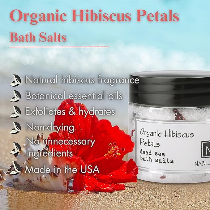 Organic Hibiscus Petals Bath Salts by Nabila K - Dead Sea Salt & Epsom Salt Scrub & Soak - Exfoliates & Hydrates Skin, Botanical Essential Oils - Bubble Bath Accessories for All Skins Types, 8 oz-BrightBean Baby