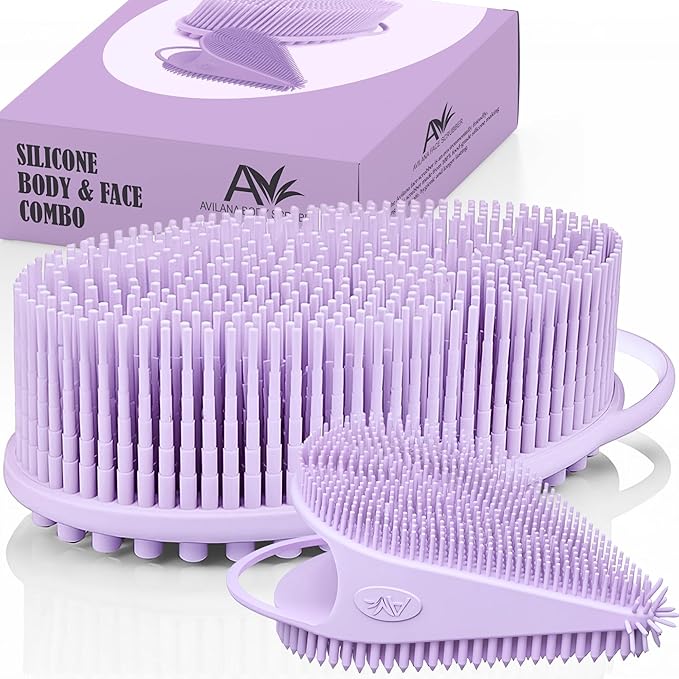 Avilana Silicone Body Scrubber – Gentle Shower Brush & Loofah Alternative- Food Grade & Lab Tested – Fast-Drying, Hygienic, BPA-Free Silicone Body Gentle Exfoliator (Lavender, Body & Face)-BrightBean Baby