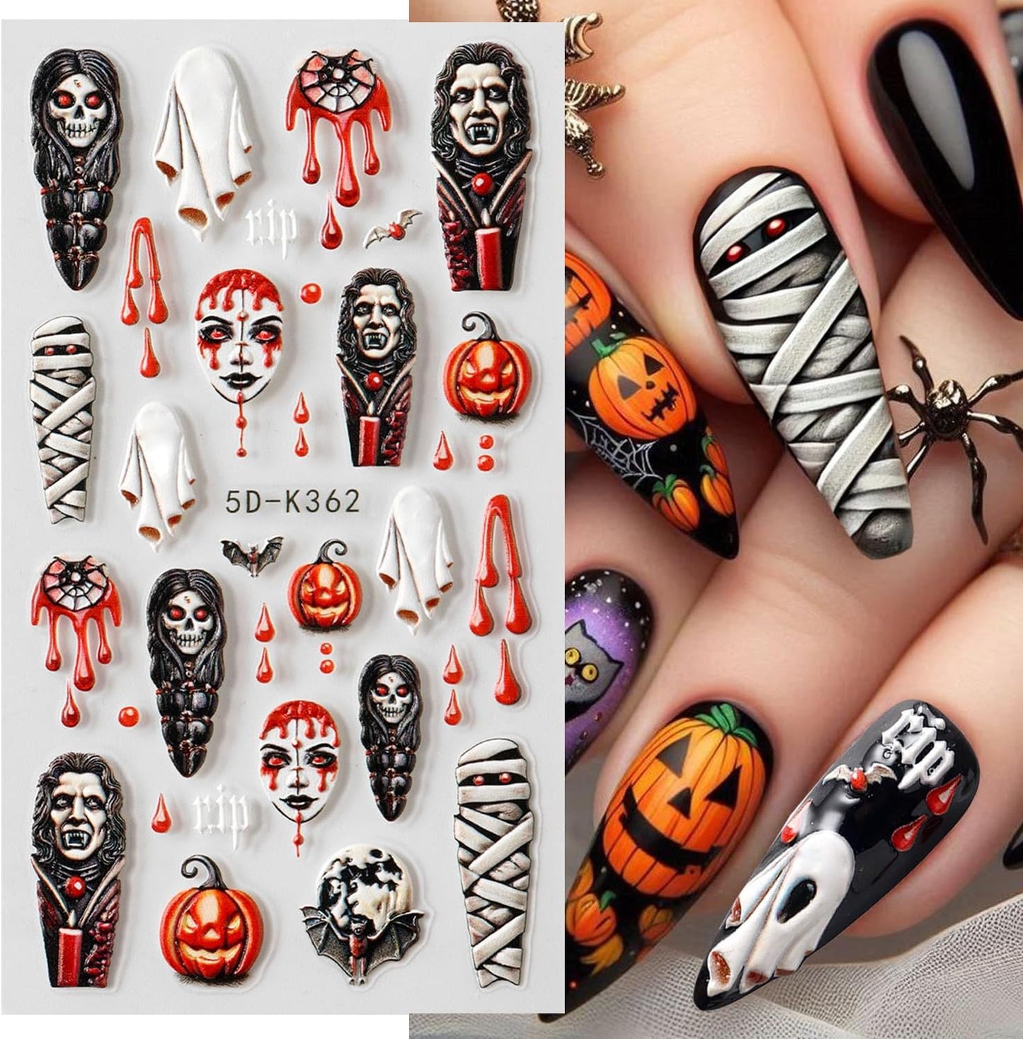 2 Sheets Halloween Nail Art Stickers 5D Embossed Horror Ghost Nail Stickers Big Red Lips Pumpkin Devil's Flame Eye Bat Design Terror Spider Mummy Nail Decals for Women Acrylic DIY Nail Decorations-BrightBean Baby