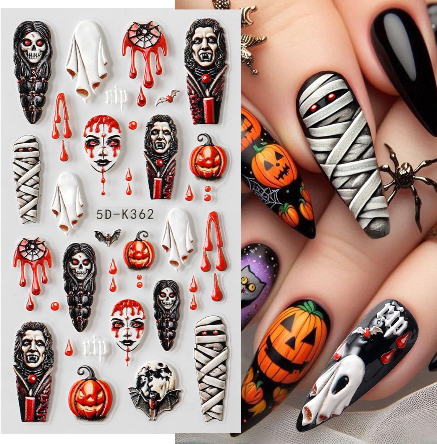 2 Sheets Halloween Nail Art Stickers 5D Embossed Horror Ghost Nail Stickers Big Red Lips Pumpkin Devil's Flame Eye Bat Design Terror Spider Mummy Nail Decals for Women Acrylic DIY Nail Decorations-BrightBean Baby