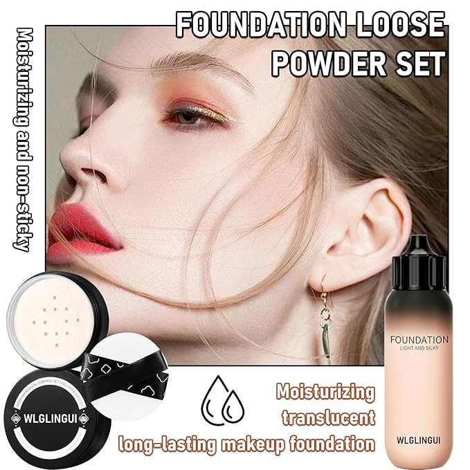 Full Coverage Liquid Foundation Makeup Set,Oil Control Concealer Long Lasting Waterproof Loose Setting Face Powder,Moisturizing BB Cream Set with Soft Makeup Sponge and Foundation Makeup Brush（4PCS）-BrightBean Baby