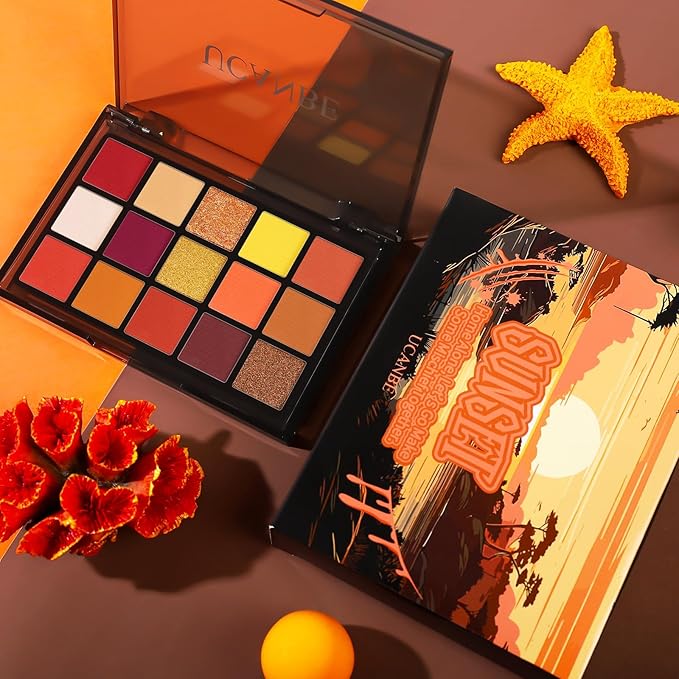 UCANBE Orange Eyeshadow Makeup Palette, 15 Colors Vibrant Shimmer Matte Glitter Eye Shadow Pallet, High Pigmented Warm Yellow Sunset Red Coral for Fall Cosplay Halloween Costume Parties Pumpkin Makeup-BrightBean Baby