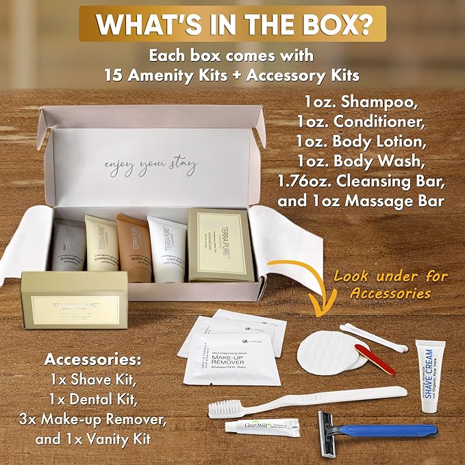 Terra Pure Spa Collection Amenity & Accessory Kit |1 oz Travel Size Shampoo, Conditioner, Lotion, Body Wash, 2 Soap Bars, Shave & Dental Sets, Make-Up Remover Wipes, & Vanity Kit | 15 sets/case-BrightBean Baby