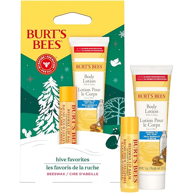 Burt's Bees Hive Favorites Beeswax Holiday Gift Set, Beeswax Lip Balm and Travel Size Body Lotion with Milk and Honey-BrightBean Baby