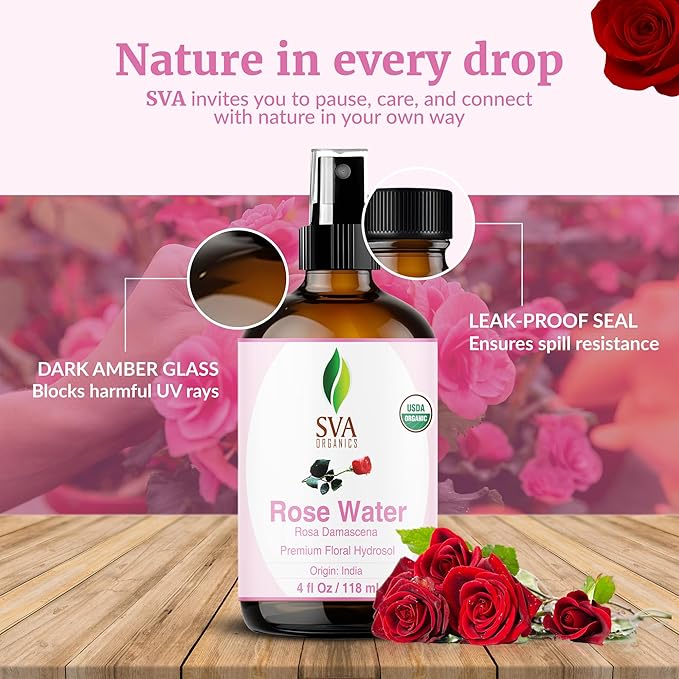 SVA ORGANICS Rose Water 4oz (118 ml) Refreshing Rose Water Spray for Skin Care, Skin Hydration, Bath, Soaps, Haircare & Aromatherapy-BrightBean Baby