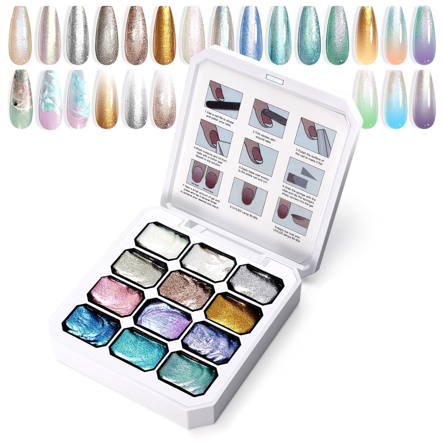 Gradient Painting Gel, 12 Gliter Colors Ombre Gel Nail Polish for Pigment Pat Silver&Gold Pink Blue Aurora color Bright Nails, French Manicure DIY Nail Art No-wipe Palette for Women-BrightBean Baby