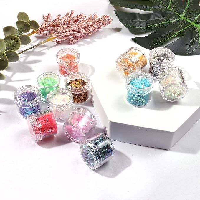 Allstarry 12 Colors Mermaid Nail Chunky Glitter Ultra-Thin Fluorescent Glass Paper Irregular Iridescent Sequin Flakes Glitters Sticker for Nails Art Decoration Hair Eyes Face Body DIY Craft-BrightBean Baby