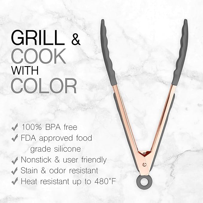 COOK WITH COLOR Stainless Steel Silicone Tipped Kitchen & BBQ Tongs Set, 2 Pc Tongs, Grey