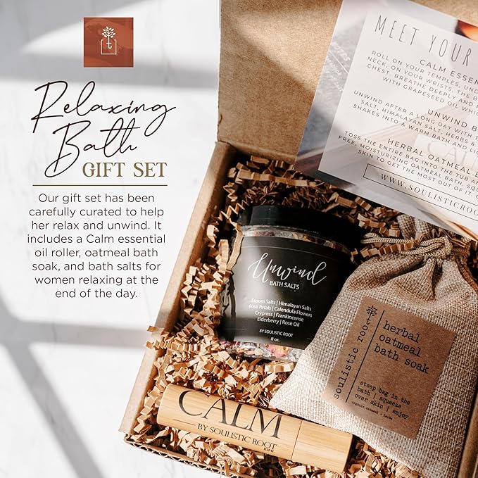Relaxing Bath Gift Set, Luxury Spa Gifts for Women, Self Care Products for Women and Men, Calm Essential Oil Roller, Oatmeal Lavender Bath Soak & Epsom Salts with Essential Oils-BrightBean Baby