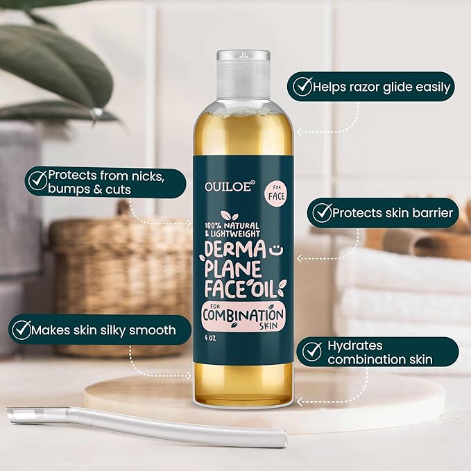 Dermaplane Oil, Face Shaving Oil for Women with Combination Skin - Lightweight & Natural Facial Shave Oil - Use with a Dermaplaning Tool, Razor, Shaver or Microblade for Close Shave 4 oz by Ouiloe-BrightBean Baby