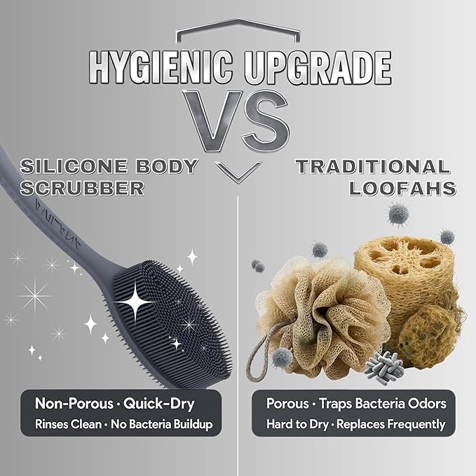 Avilana Silicone Body Scrubber – Gentle Shower Brush & Loofah Alternative- Food Grade & Lab Tested – Fast-Drying, Hygienic, BPA-Free Silicone Body Gentle Exfoliator (Dark Gray, Long Handle)-BrightBean Baby
