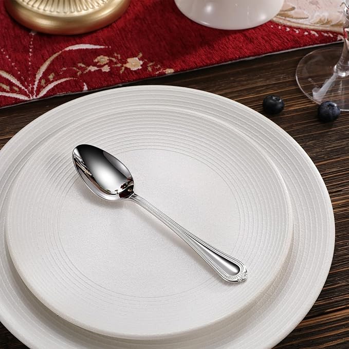 KEAWELL Pearl Edge 4-Piece Premium Spoon Set, 18/10 Stainless Steel, Fine Silverware Spoons with Refined Bead Design, Brightly Polished, Dishwasher Safe (Silver, 6.4" Teaspoons)