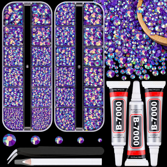 Resin Jelly Rhinestones for Crafting with B7000 Jewelry Glue, 2 Boxes Dark Purple AB Flatback Crystals with 3Pcs 10ml Glue, Bedazzling Non Hotfix Gems for DIY Tumblers Clothing Shoes Manicure-BrightBean Baby