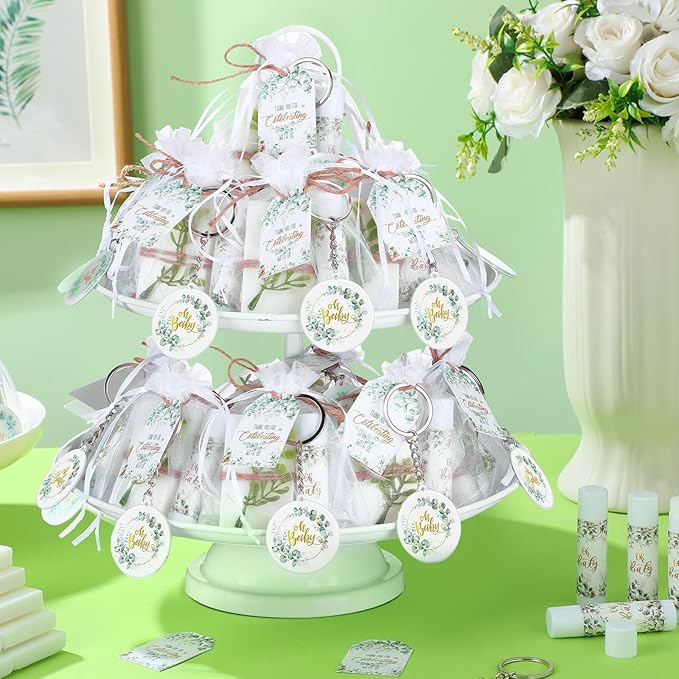 60 Sets 360 Pcs Lip Balm Soap Keychain Favors Eucalyptus Greenery Baby Shower Favors with Organza Bag Gift Card Faux Eucalyptus Greenery for Baby Shower Gift Gender Reveal Guest Prize-BrightBean Baby