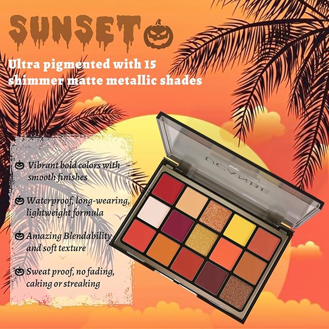 UCANBE Orange Eyeshadow Makeup Palette, 15 Colors Vibrant Shimmer Matte Glitter Eye Shadow Pallet, High Pigmented Warm Yellow Sunset Red Coral for Fall Cosplay Halloween Costume Parties Pumpkin Makeup-BrightBean Baby