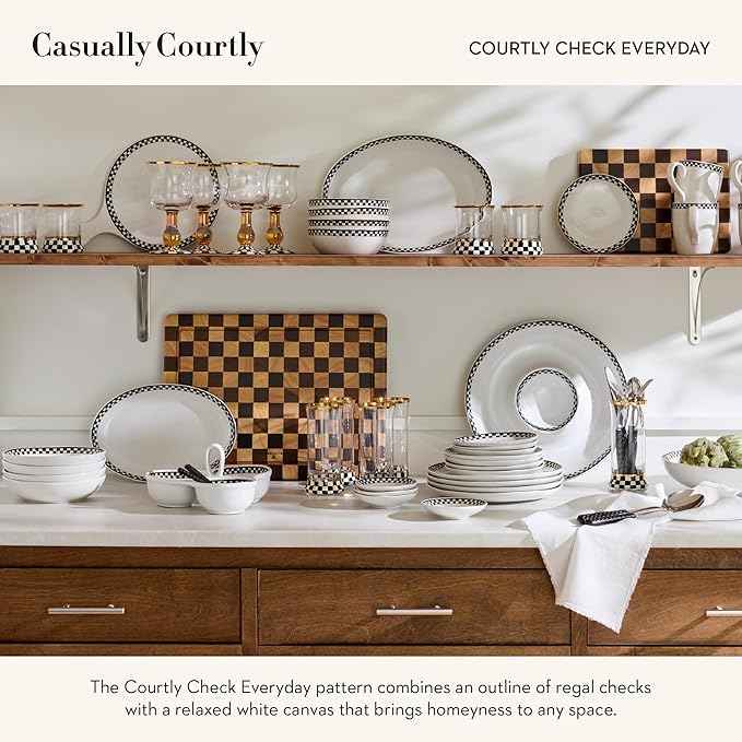 MACKENZIE-CHILDS Set of 4 Everyday Dinner Plates, Dishwasher- and Microwave-Safe, 10 Inches, Black-and-White Courtly Check