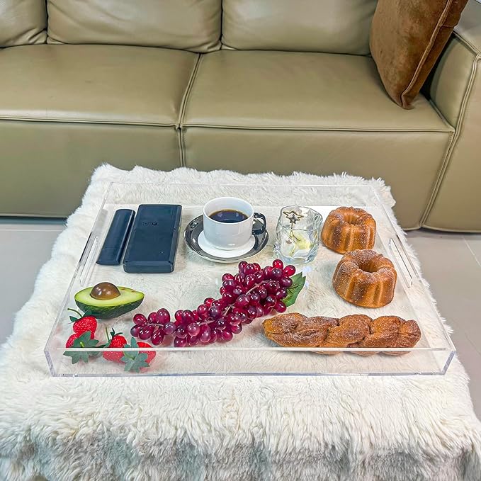 Clear Rectangular 16x20 Inches Acrylic Ottoman Tray Decorative Serving Tray with Cutout Handles Organizer Tray on Coffee Table Countertop Big Breakfast Bed Tray Living Room Appetizer Serving Food