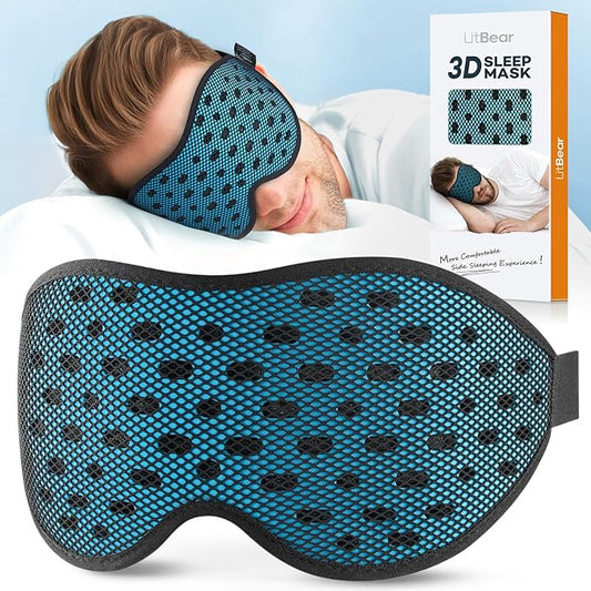 LitBear Breathable Sleep Mask, 3D Eye Mak Sleep for Side Sleepers Women Men, Light Blocking Sleeping Mask with Adjustable Strap, Soft Lightweight Eye Cover for Travel, Night Work, Nap, Office - Blue-BrightBean Baby